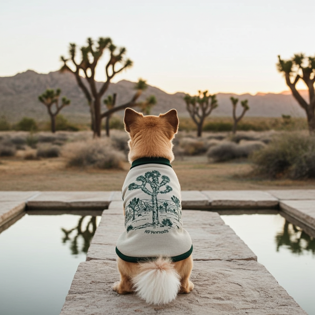 Dog wearing a sweater with desert design standing on a wooden platform in a desert landscape.