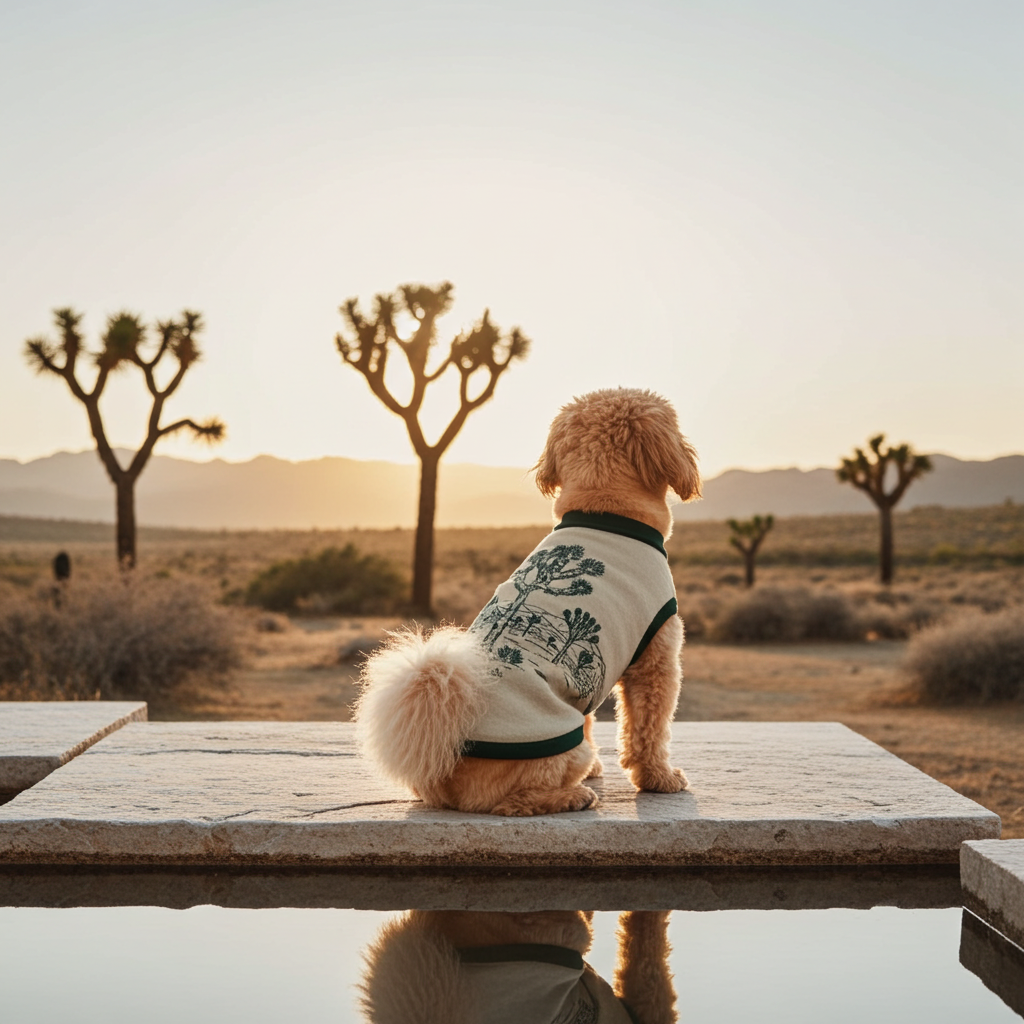 Dog sitting on a wooden platform in a desert landscape with Joshua trees and mountains in the background.