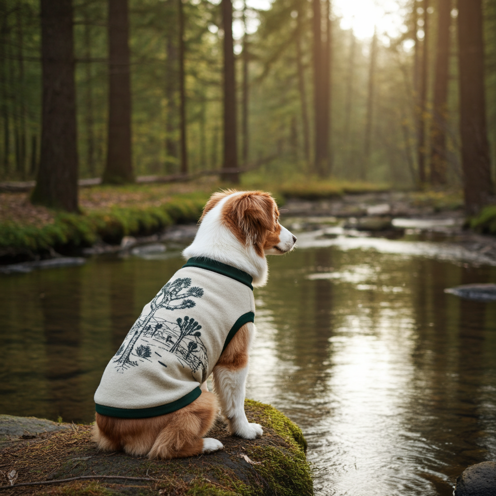 Dog wearing a sweater with a nature design, sitting by a stream in a forest.